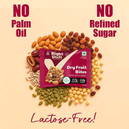 Right Shift Dry Fruit Bites, 18g Protein, 14g Fibre, No Refined Sugar, Lactose Free, No Palm Oil, Date Nut and Seeds, 160g