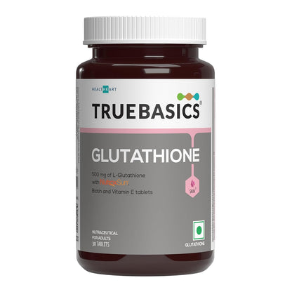 TrueBasics Glutathione supplement bottle on a white background
