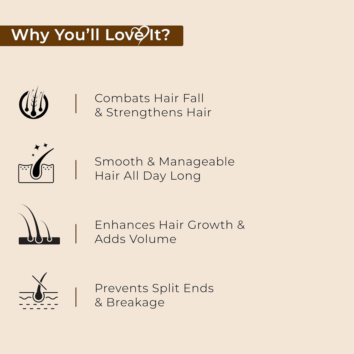 List of benefits for hair care product on a beige background