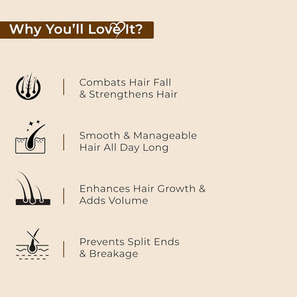 List of benefits for hair care product on a beige background