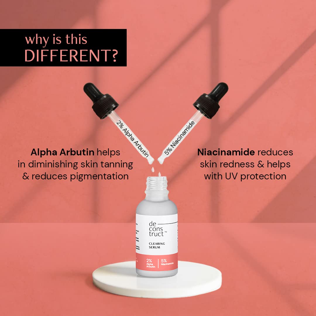 Serum bottle with droppers labeled Alpha Arbutin and Niacinamide on a red background