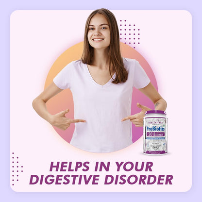 Woman pointing to a probiotics product with text on a colorful background