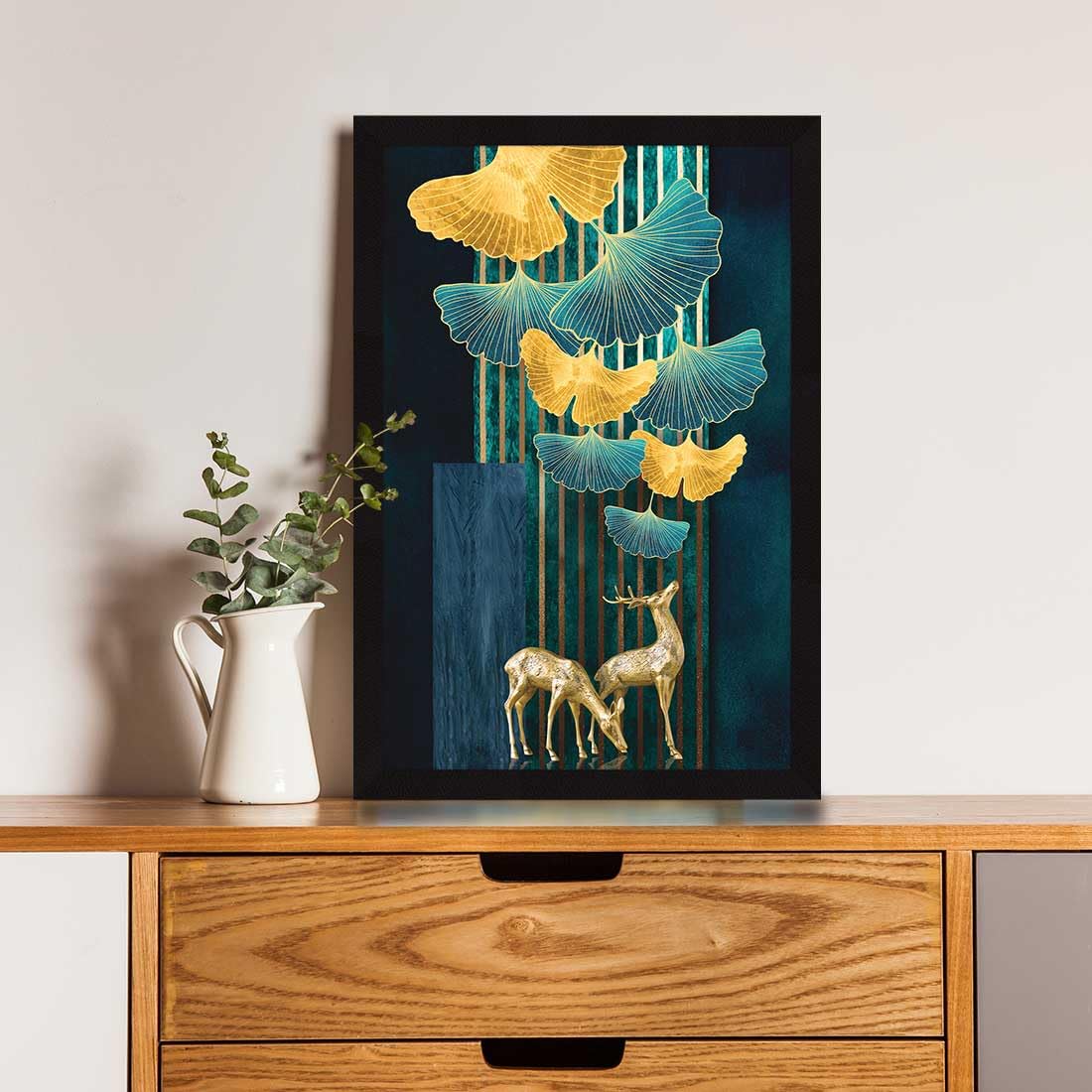 Golden Deer Wall Decor Paintings with Frame for Home Decoration - Painting for Living Room - Framed Painting for Wall Decoration, 12.0 X 18.0 inches, Set Of 1