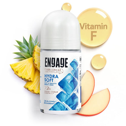 Engage Hydra Soft Underarm Roll On for Women|Skin Softening Deodorant Formula |72 Hour Sweat & Odour Protection| Advanced Antiperspirant Formula|FreshEncap Technology |0% Alcohol|Non Sticky|50ml