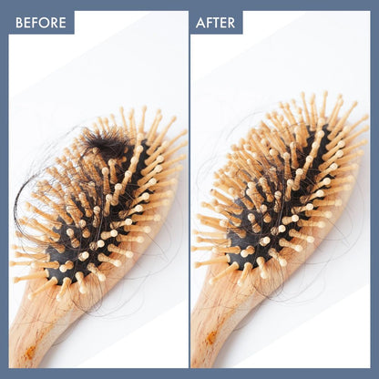 Before and after comparison of a hairbrush with bristle loss on a white background.