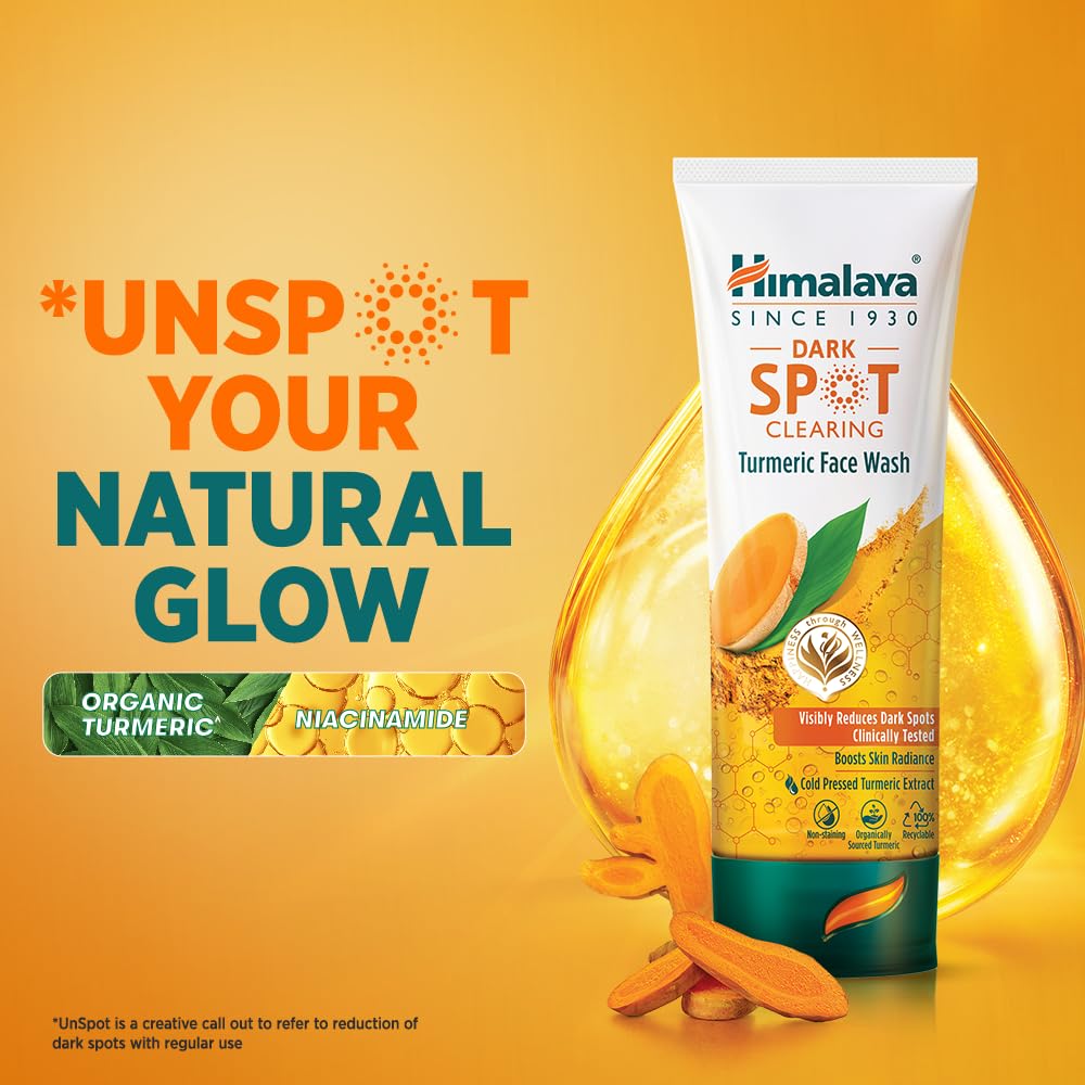 Himalaya Dark Spot Clearing Turmeric Face Wash on a yellow background with text about natural glow.