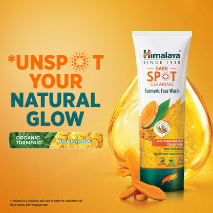 Himalaya Dark Spot Clearing Turmeric Face Wash on a yellow background with text about natural glow.