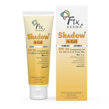 Fixderma Shadow A-Gel SPF 30+ Sunscreen Transparent Gel PA+++ | For Oily & Acne-Prone Skin | Broad Spectrum For UVA & UVB Protection | Lightweight | No White Cast | For Men & Women | 75gm