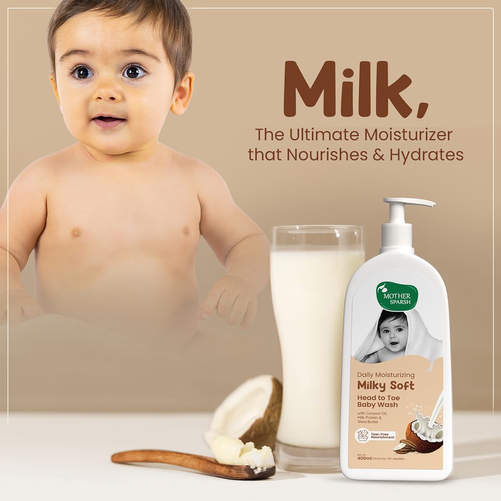 Mother Sparsh Milky Soft Head to Toe Baby Wash with Milk Protein & Shea Butter | Tear Free 2 in 1 Natural Body Wash & Shampoo for Babies