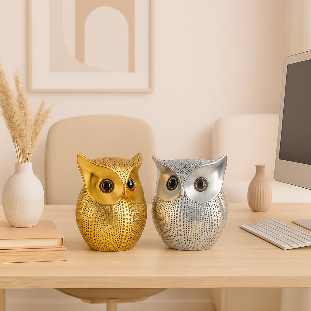 Modern Classy Lucky Owl Combo Resin Art Figure Showpiece (Pack of 2, Golden and Silver)