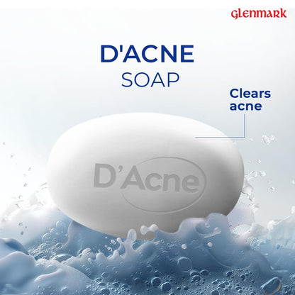 D'Acne soap bar with bubbles and Glenmark branding on a light blue background