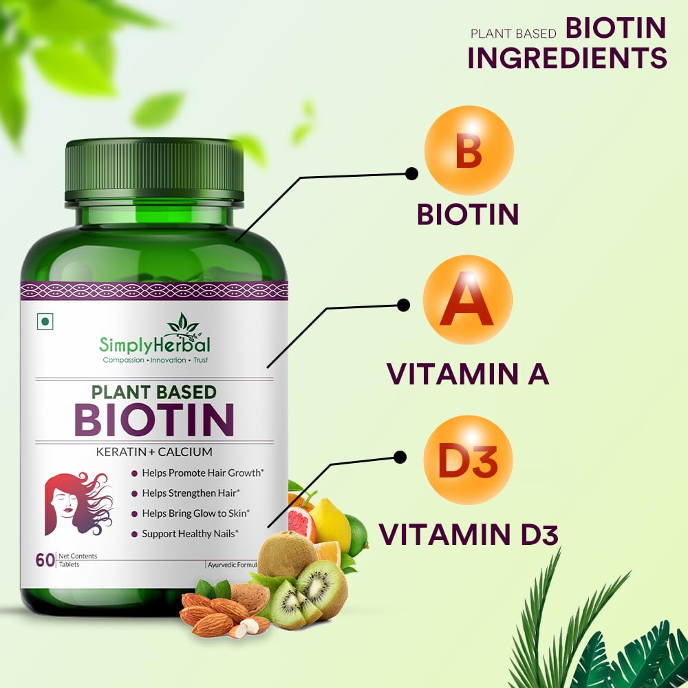 Green bottle of Simply Herbal plant-based biotin supplement with vitamins B, A, and D3 labeled on a light green background.