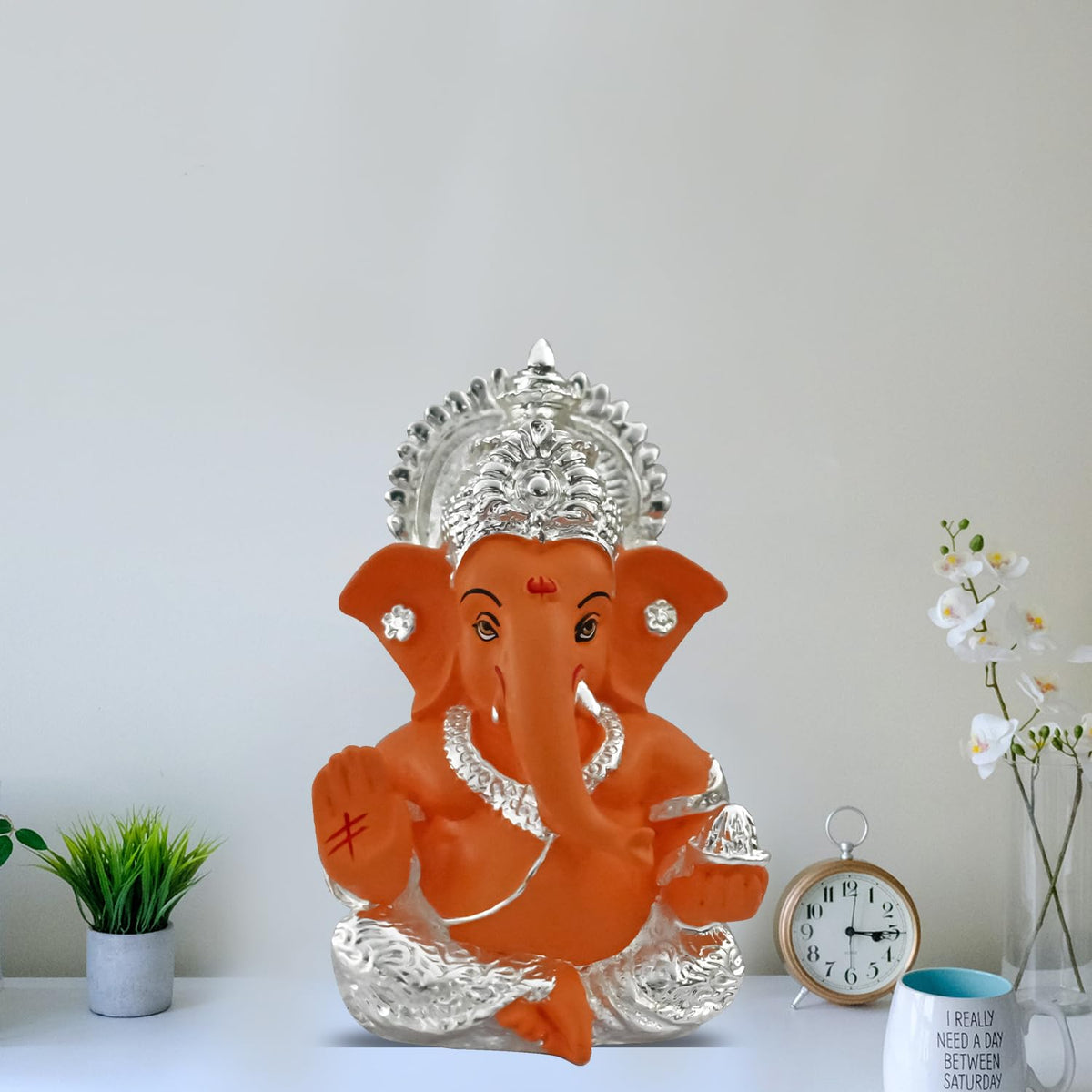 999 Silver Plated Ganesh Idol for Office Desk Puja Room God Ganesha Idol for Home Decor Ganpati for Gift Office Table Shelves Gifting Idol (8.89 x 5.08 cm) (Mango Yellow), Religious