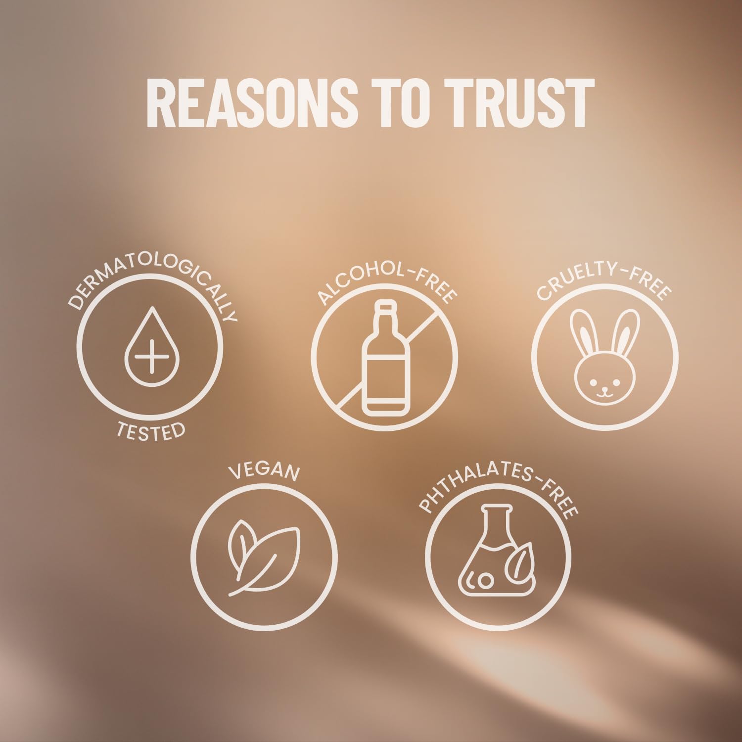 List of reasons to trust a product on a brown background with icons and text.