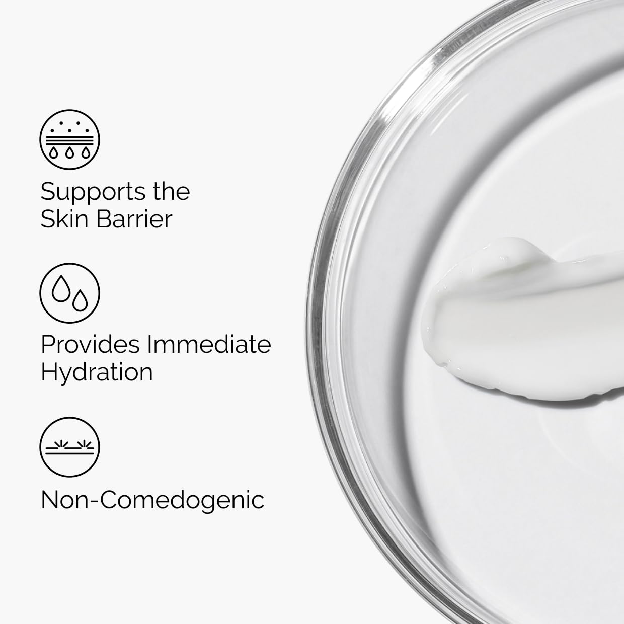 Skincare product with text highlighting benefits on a white background