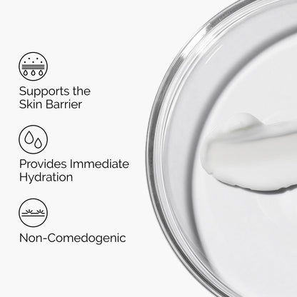 Skincare product with text highlighting benefits on a white background