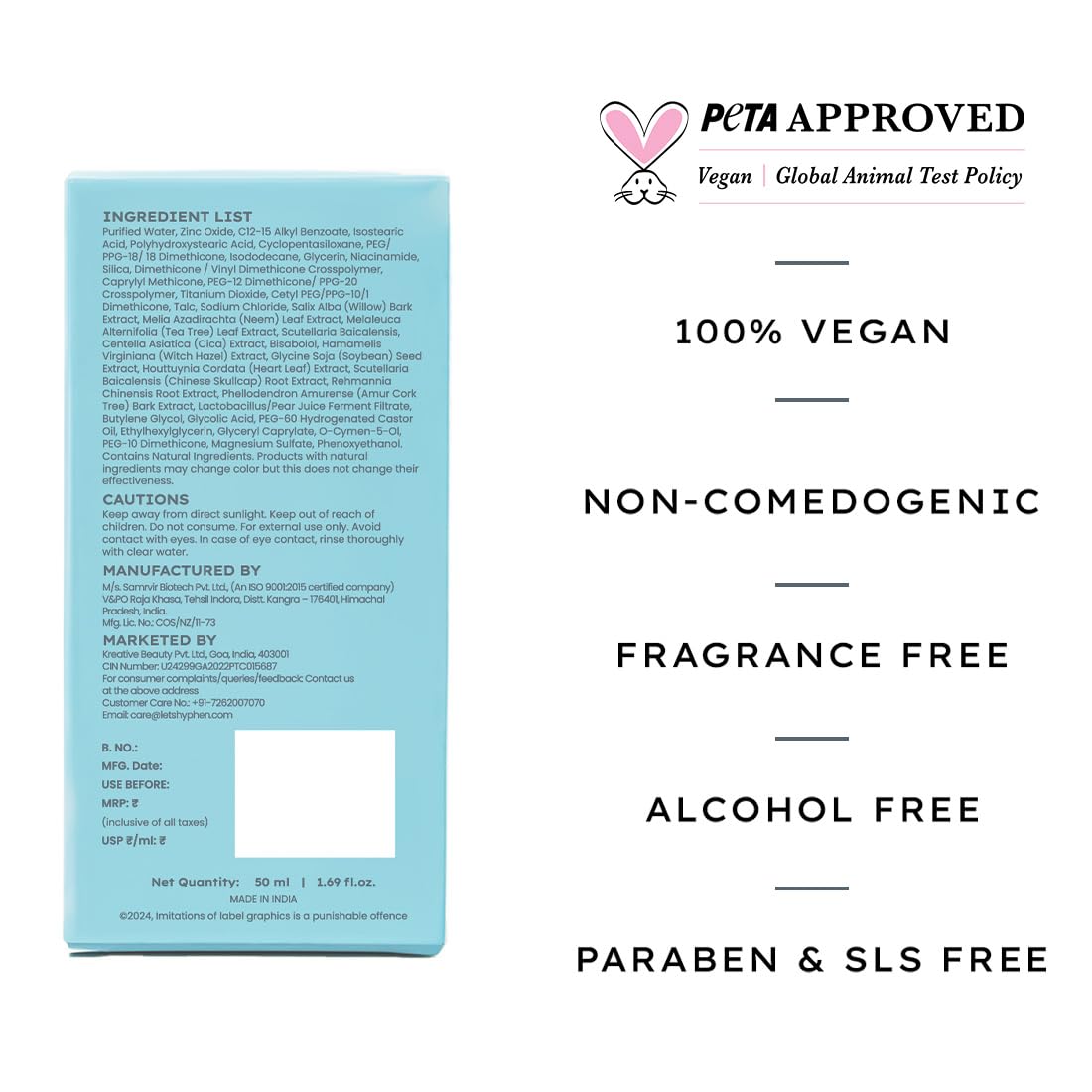 Product label with PETA approval logo, vegan certification, and various product features on a white background.