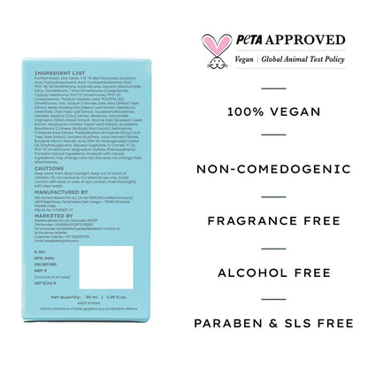 Product label with PETA approval logo, vegan certification, and various product features on a white background.