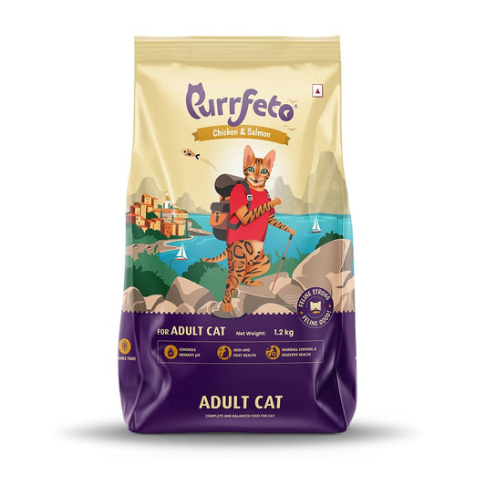Purrfeto Adult Dry Cat Food | Chicken & Salmon | 1.2 kg |40% Reduction in Urinary Track Diseases |Anti Hairball Formula |Healthy Skin & Coat |Improves Digestive Health