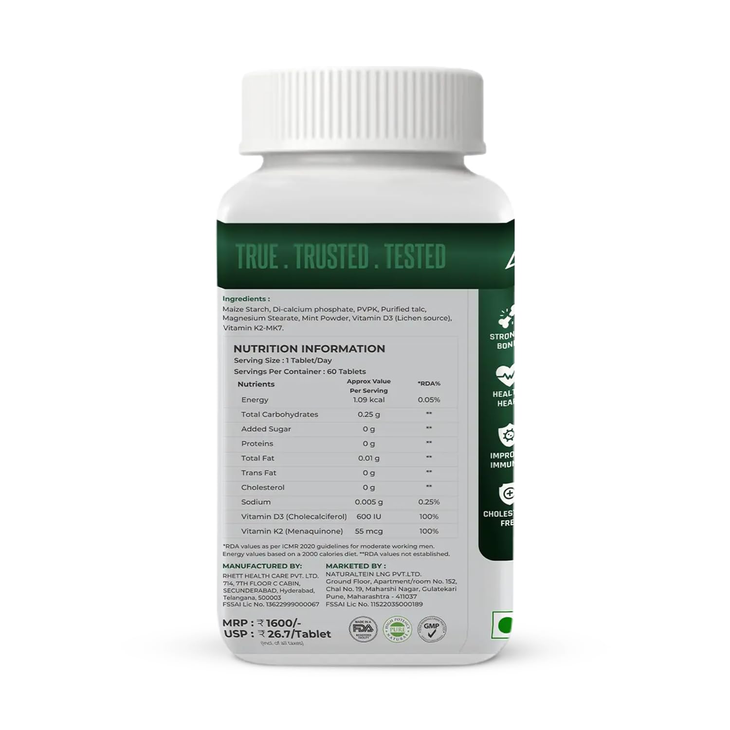 Supplement bottle with nutrition information label on a white background