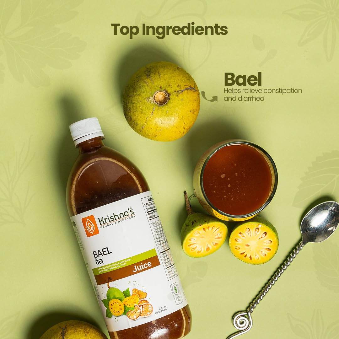 KRISHNA'S HERBAL & AYURVEDA Bael Juice -1000 Ml Concentrate Sugar Free Beal Juice For Healthy Gut Health, Bel Swaras With No Added Color Or Flavour