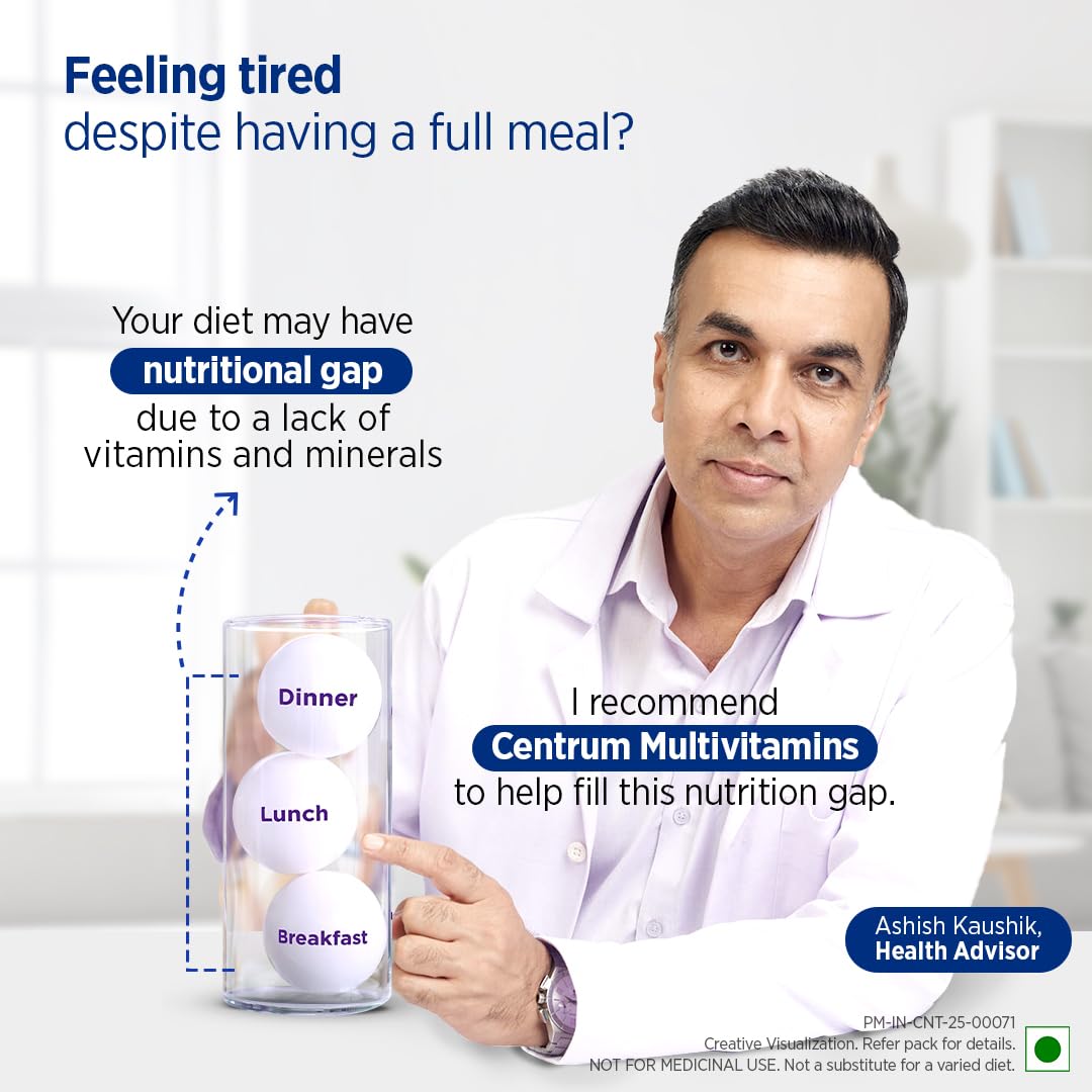 Advertisement featuring a man holding multivitamins with text about nutrition and Centrum Multivitamins.