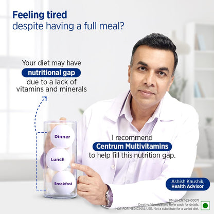 Advertisement featuring a man holding multivitamins with text about nutrition and Centrum Multivitamins.