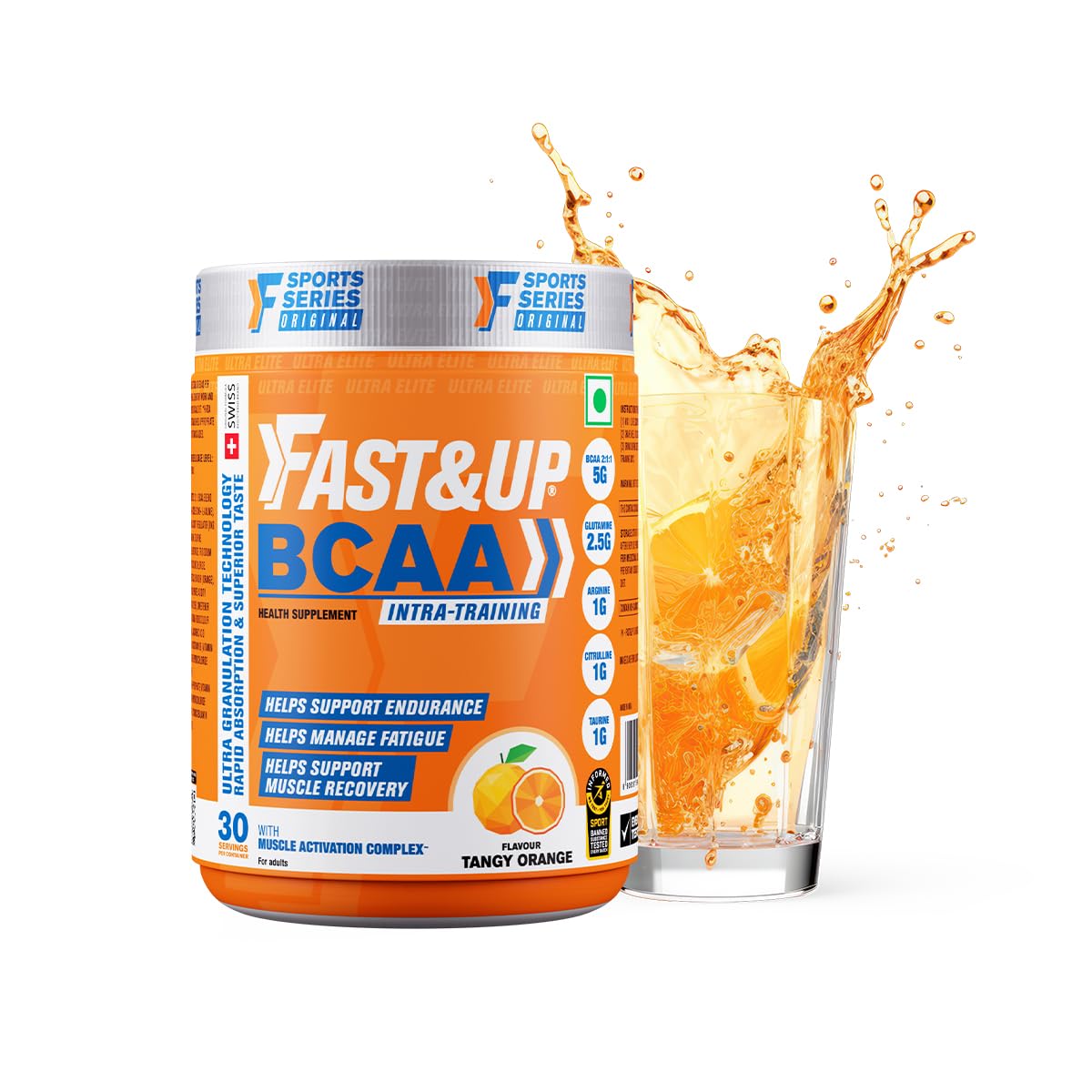 Orange supplement container labeled 'Fast&Up BCAA' with a glass of orange juice on a white background