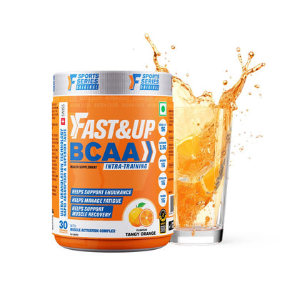 Orange supplement container labeled 'Fast&Up BCAA' with a glass of orange juice on a white background