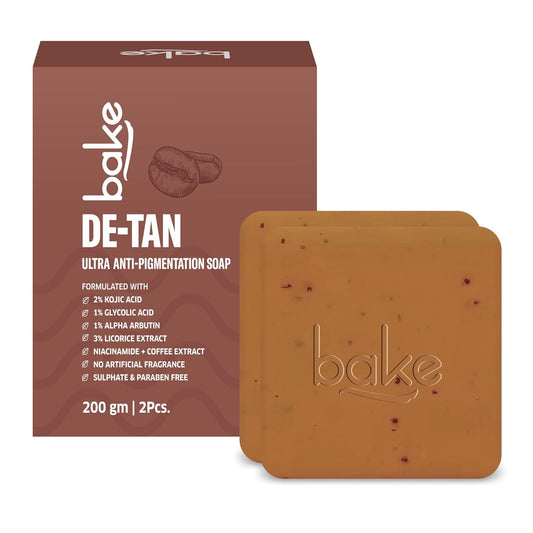 BAKE De-Tan Scrub Treatment Coffee Soap (200Gms Pack of 2) | Ultra Pigmentation Soap for Tan Removal | With 2% Kojic Acid, 1% Glycolic Acid, 1% Alpha Arbutin | | For Pigmentation, Dark Spots & Tan Removal | For Women & Men | 100g x 2