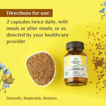 Flaxseed oil bottle with flaxseeds and usage instructions on a yellow background