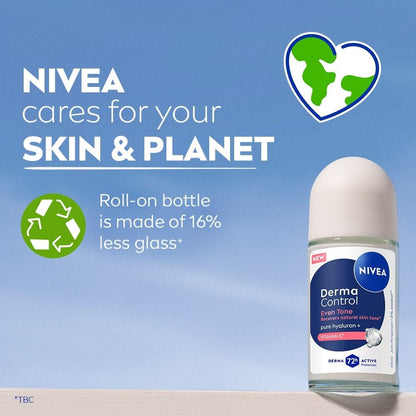 NIVEA Derma Control roll-on bottle with environmental icons and text on a blue background