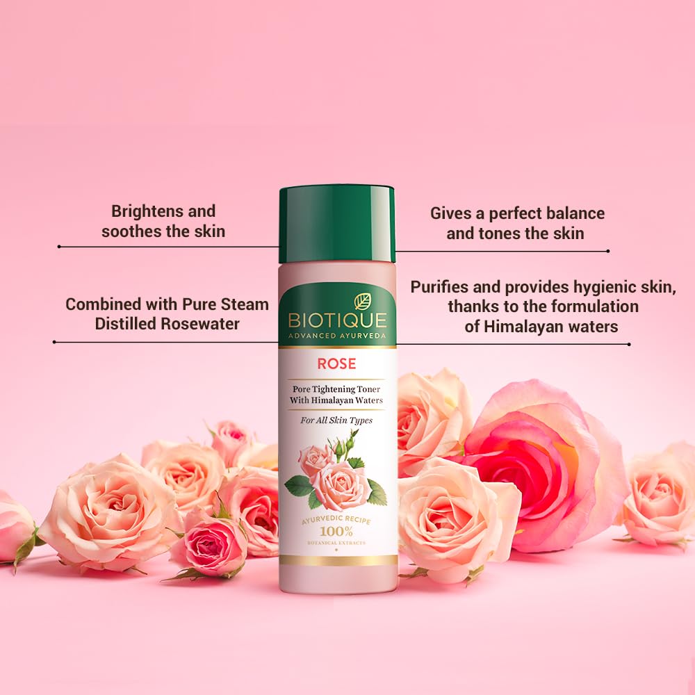 Biotique Rose product with pink roses on a pink background