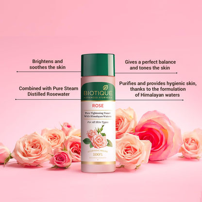 Biotique Rose product with pink roses on a pink background