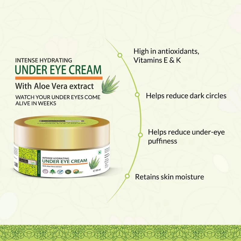 Intense hydrating under eye cream with aloe vera extract on a light green background