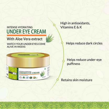 Intense hydrating under eye cream with aloe vera extract on a light green background