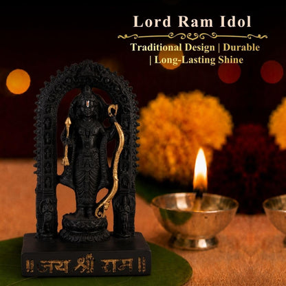6.5 Inch Lord Ram Idol with Decorative Arch | Black Finish Ram Murti for Home Temple, Mandir, Pooja Room & Office Desk | Spiritual Showpiece for Worship, Festive Décor & Gifting