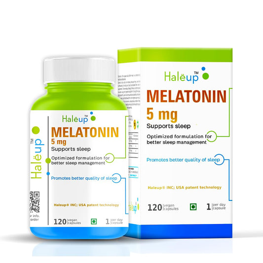Haleup Melatonin Capsules 5 mg | Non-addictive I Calmness and nerve relaxation | Sleep cycle regulation | Muscle restoration & relaxation - 120 Veg capsules