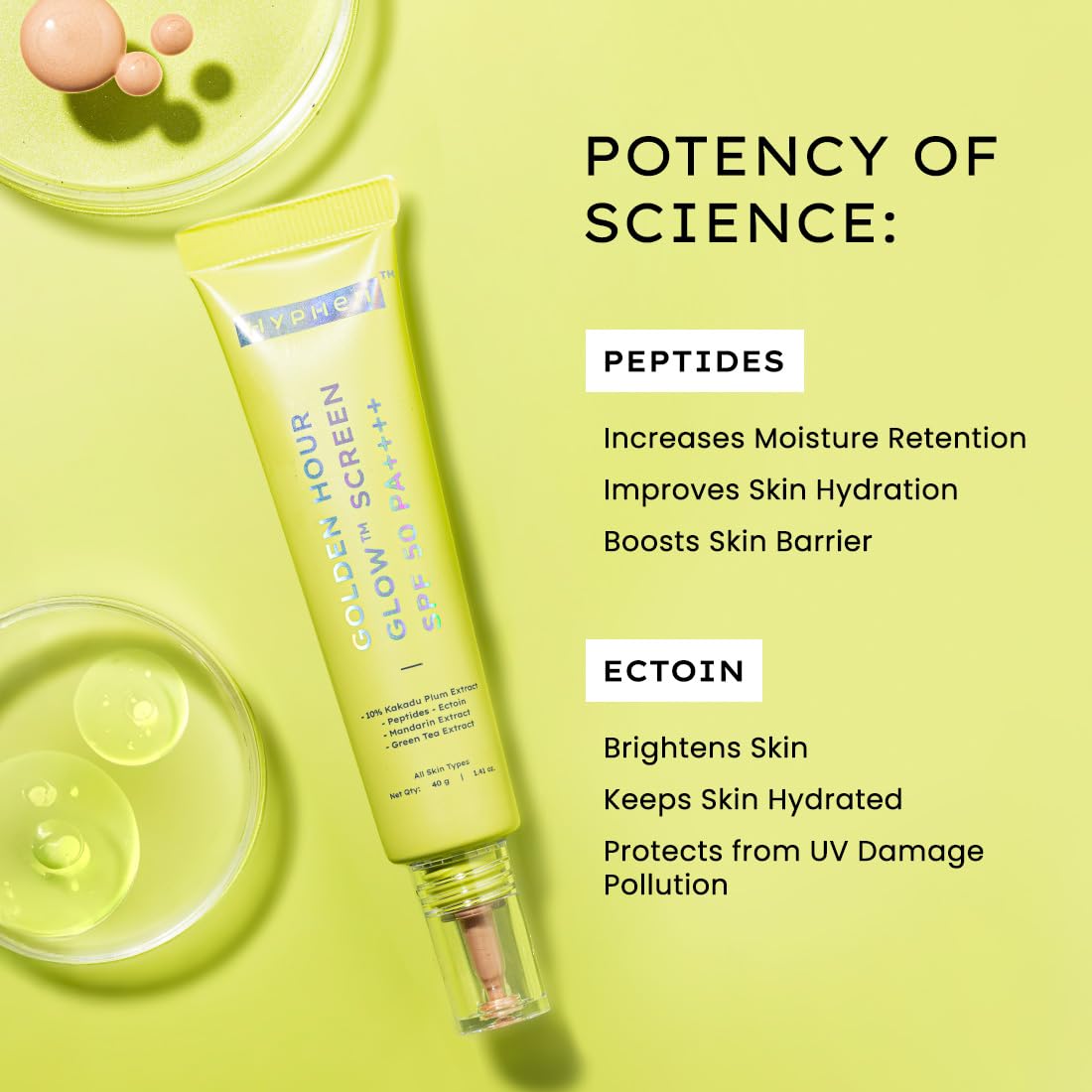 Skincare product with text on a green background highlighting ingredients and benefits