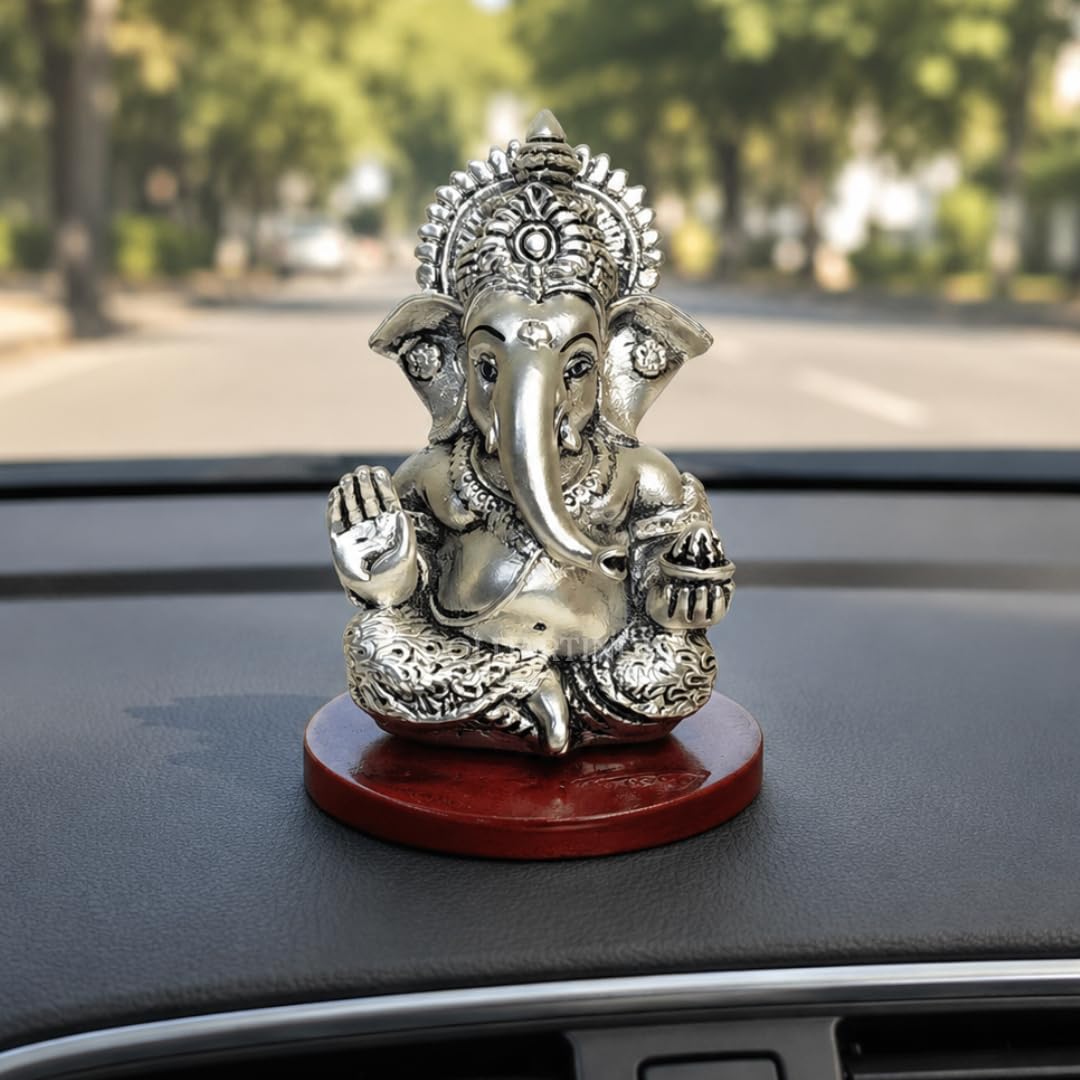 Gold Art India Ganpati Idol with Silver Antique Finish | Ganesha murti for Home Decor | Ganesh Statue for Car Dashboard | Ganpati ji murti for Puja | (MUKUTSILANTIQMATTEMDF) (3.5 x 2.5), Religious