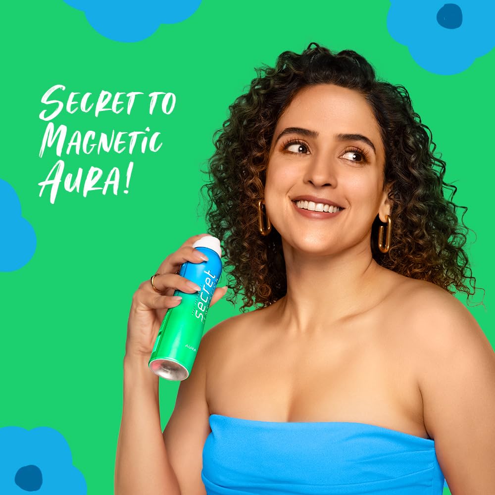 Woman holding a green and blue product with text 'Secret to Magnetic Aura' on a green background