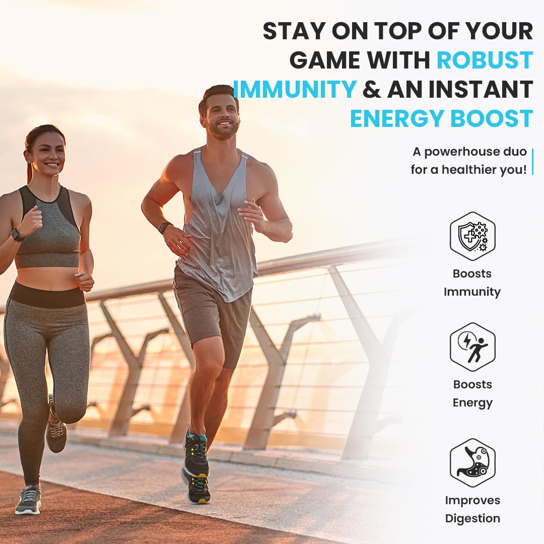 Two people running outdoors with promotional text about immunity and energy boosters.