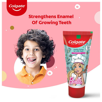 Colgate Kids Barbie Toothbrush, Extra Soft with Tongue Cleaner (Pack of 3) & Colgate Kid's Barbie 80g Anticavity Toothpaste -Strawberry Flavour for Cavity Protection, Enamel Protection COMBO