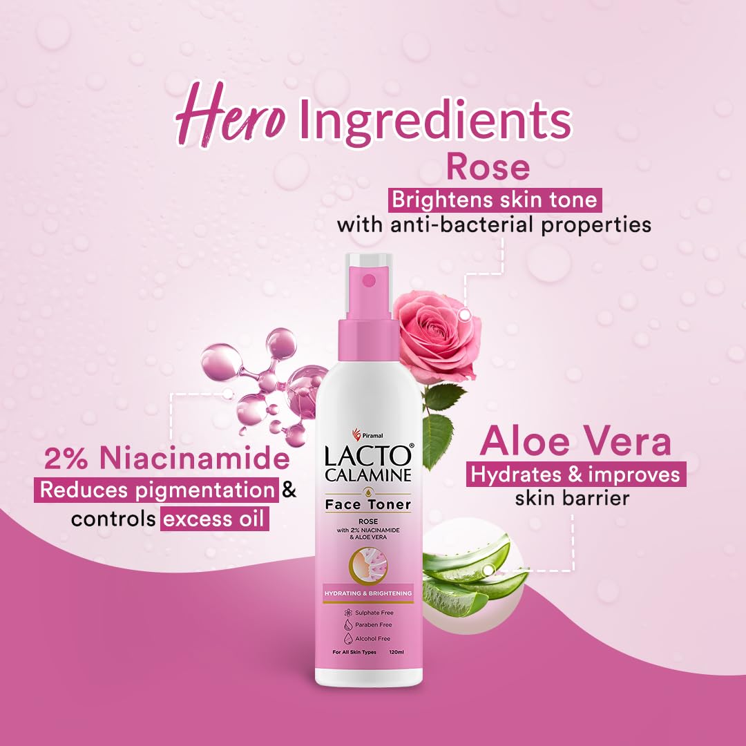 Lacto Calamine Rose Water Toner For Glowing Skin | 120ml | Gulab Jal Face Toner | Rosewater with Aloe Vera & 2% Niacinamide | Cleanses, Hydrates & Moisturises Skin | No Sulphate, Alcohol, & Parabens