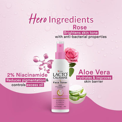 Lacto Calamine Rose Water Toner For Glowing Skin | 120ml | Gulab Jal Face Toner | Rosewater with Aloe Vera & 2% Niacinamide | Cleanses, Hydrates & Moisturises Skin | No Sulphate, Alcohol, & Parabens