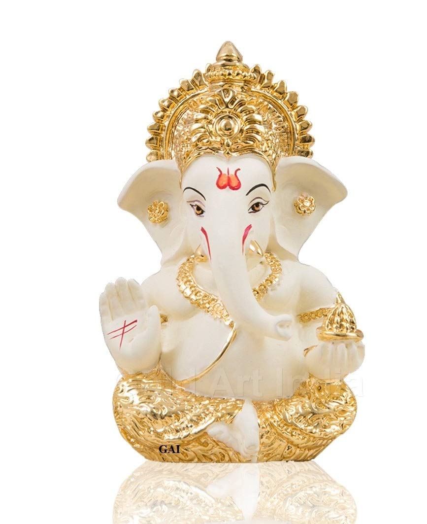 Gold Art India Ganesha Gold Plated Idol for Car Dashboard Ganesha Murti Ganpati Idol for Home Decor Puja Lord Ganesh Statue Gift for Office Desk Puja Room Figurine (Gold and Cream)