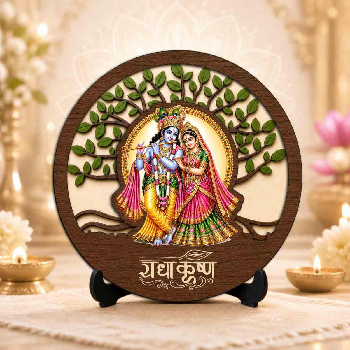 Plan To Gift Radha Krishna Table Top Wooden Idol/Murti for Mandir Decoration, Office Desk & Festive Gift - 5x5 Inch