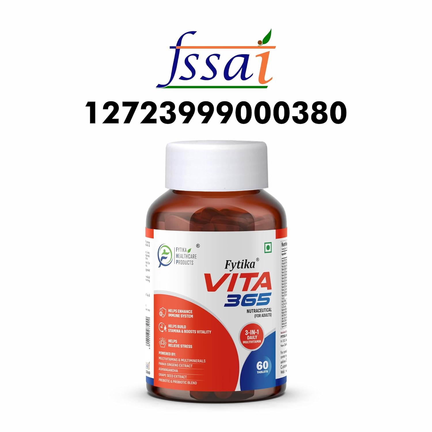 Fytika Vita 365 supplement bottle with FSSAI logo and number on a white background