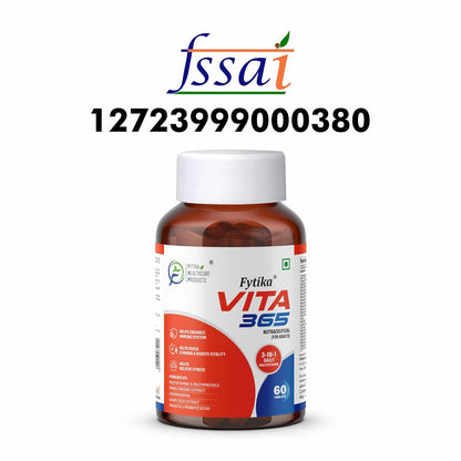 Fytika Vita 365 supplement bottle with FSSAI logo and number on a white background