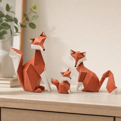 Charming Geometric Fox Family Sculpture Showpiece for Home & Office Décor | Modern Animal Figurine Set for Living Room, Study, Shelf & Console Table Styling | Contemporary Wildlife Accent